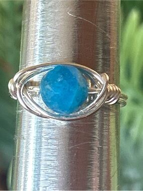 Handmade faceted blue apatite wire wrapped crystal ring size 6.5